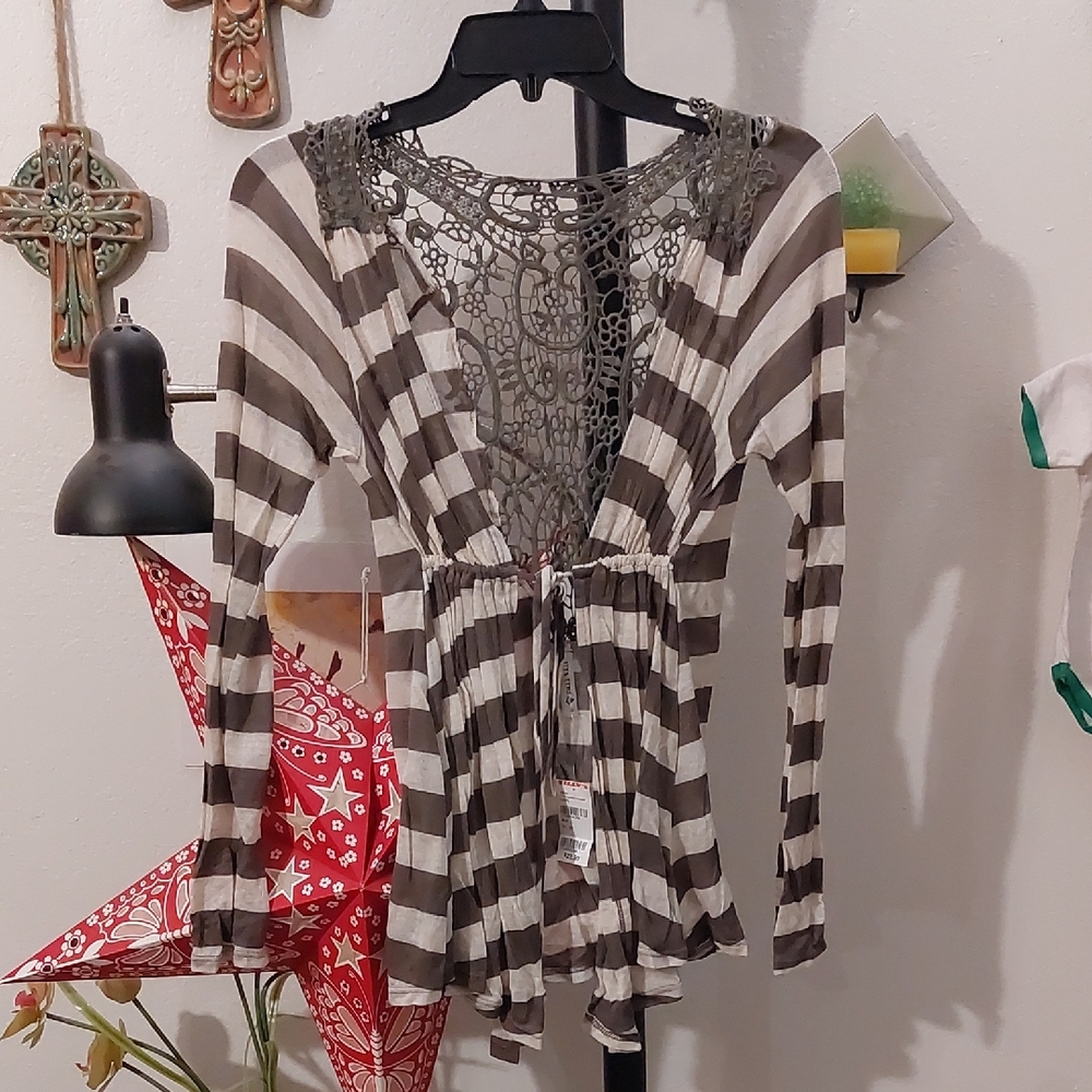 Olive green and cream striped cardigan with floral lace applique